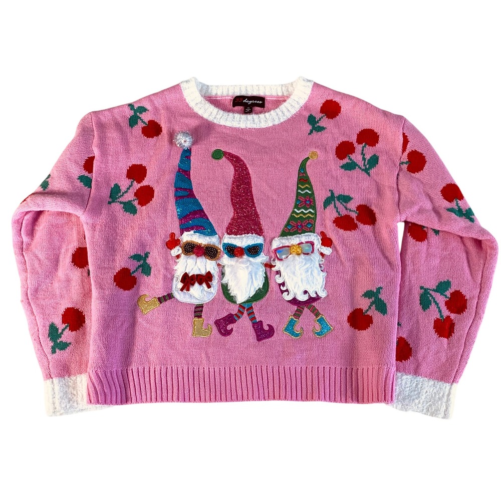 Pink Gnome Cherry Christmas Sweater Women's Medium Sequins 21W x 22L
